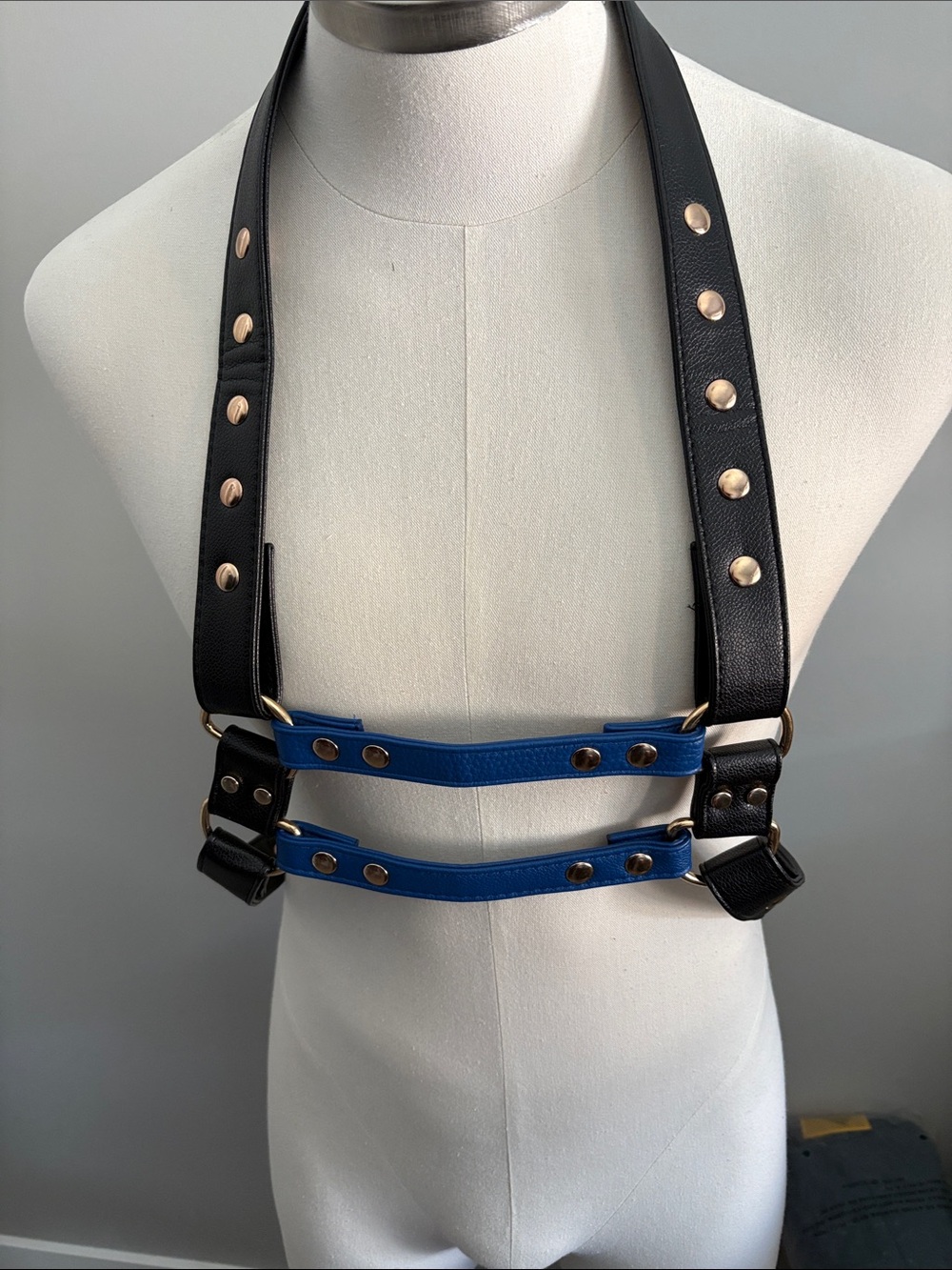 Adjustable Black and Blue Leather Harness Belt